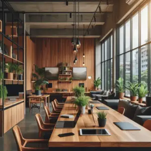 Keunggulan Desain Coworking Space dengan Material Kayu Jati 2 ILustrasi desain coworking space