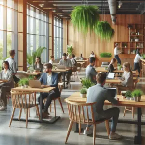 Keunggulan Desain Coworking Space dengan Material Kayu Jati 3 Ilustrasi desain coworking space dengan kayu jati