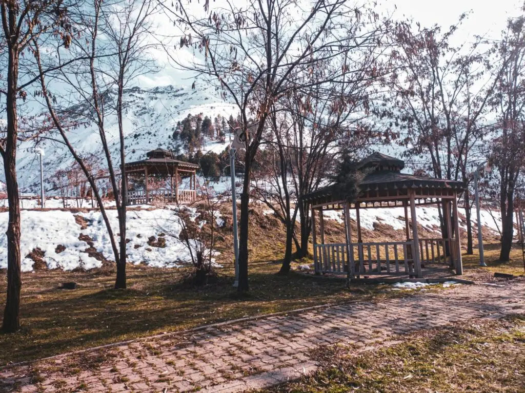 ilustrasi taman kota dengan gazebo kayu